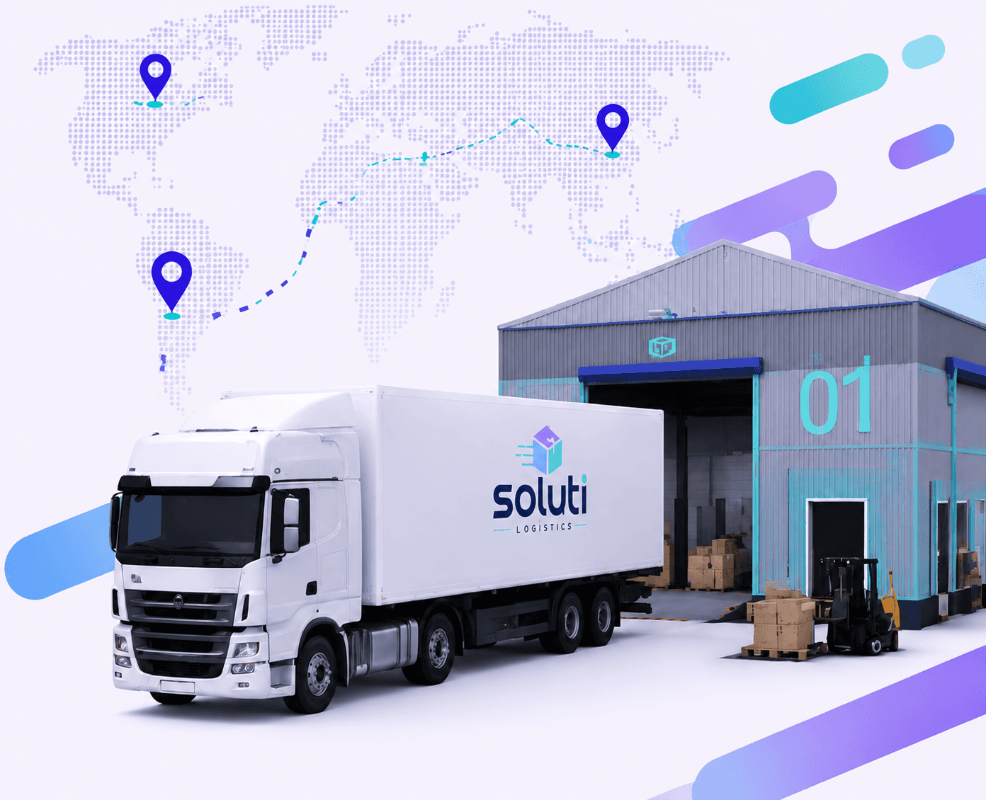 Camión Soluti Logistics frente a bodega de distribución